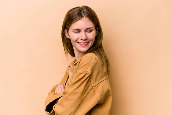 Young English Woman Isolated Beige Background Laughing Having Fun — Stock Photo, Image