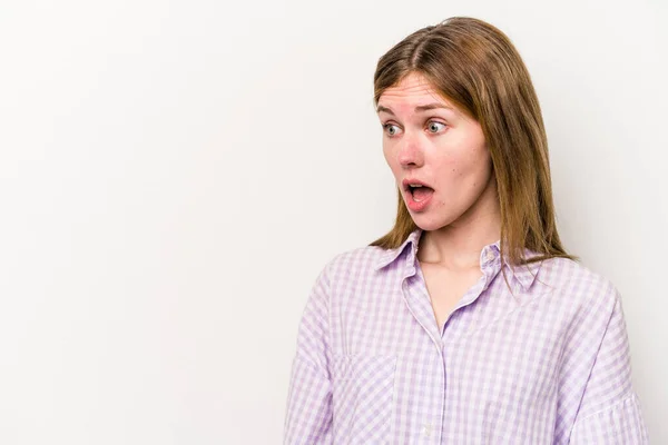 Young Russian Woman Isolated White Background Being Shocked Because Something — Stock Photo, Image