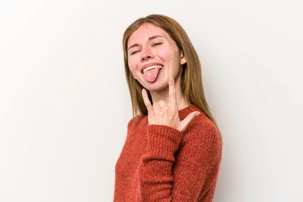 Young Russian Woman Isolated White Background Showing Rock Gesture Fingers — Stock Photo, Image