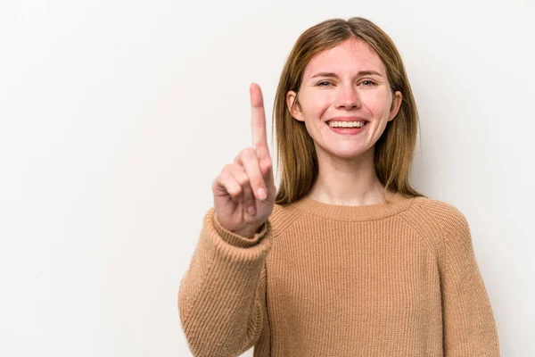 Jong Russisch Vrouw Geïsoleerd Witte Achtergrond Tonen Nummer Een Met — Stockfoto