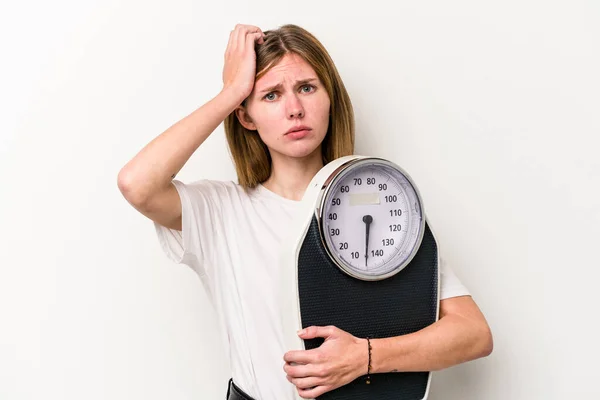 Young English Woman Holding Scale Isolated White Background Being Shocked — Stock Photo, Image