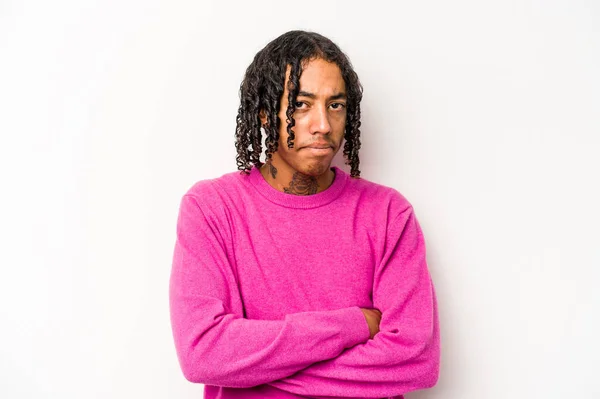 Jonge Afro Amerikaanse Man Geïsoleerd Witte Achtergrond Fronsend Gezicht Ongenoegen — Stockfoto