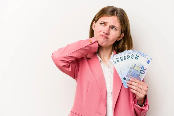 Joven Mujer Inglesa Negocios Sosteniendo Billetes Aislados Sobre Fondo Blanco — Foto de Stock