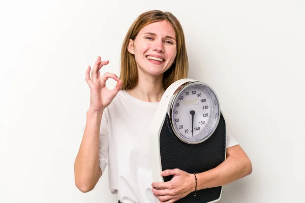 Young English Woman Holding Scale Isolated White Background Cheerful Confident — Stock Photo, Image