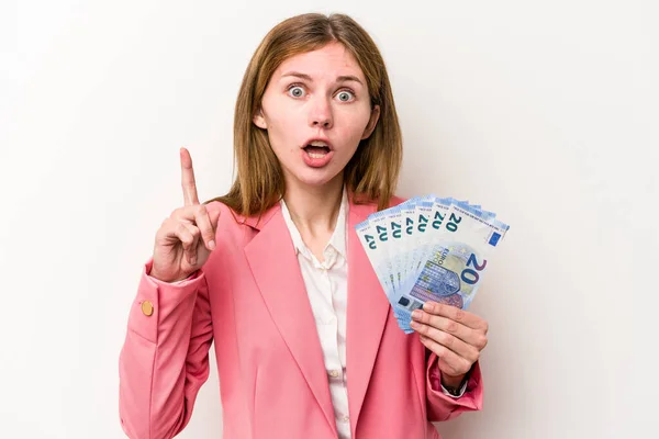 Young Business English Woman Holding Banknotes Isolated White Background Having — Stock Photo, Image