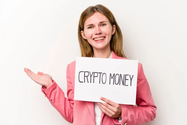 Jeune Femme Affaires Anglaise Tenant Une Pancarte Cryptographique Isolée Sur — Photo