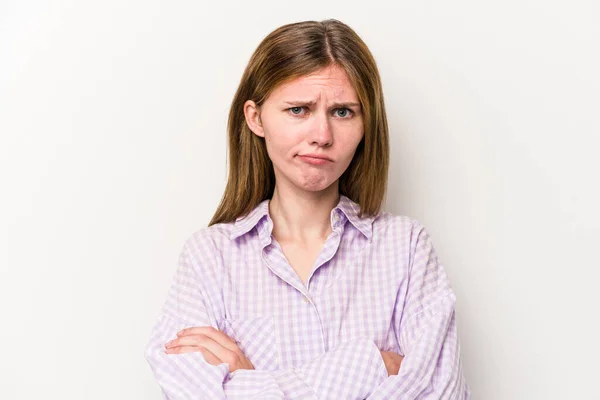 Young Russian Woman Isolated White Background Frowning Face Displeasure Keeps — Stock Photo, Image