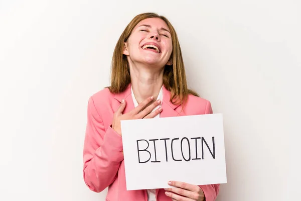 Jeune Femme Affaires Anglaise Tenant Une Plaque Bitcoin Isolé Sur — Photo