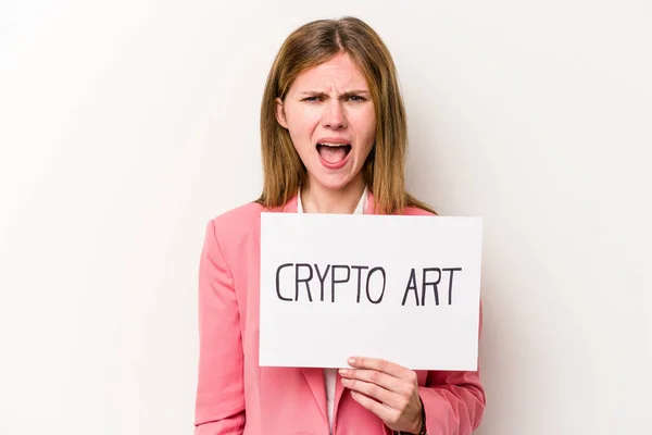 Jeune Femme Affaires Anglaise Tenant Une Pancarte Crypto Argent Isolé — Photo