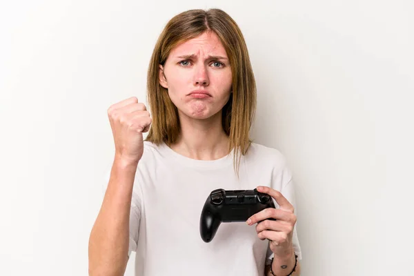 Jonge Engelse Vrouw Spelen Met Een Video Game Controller Geïsoleerde — Stockfoto