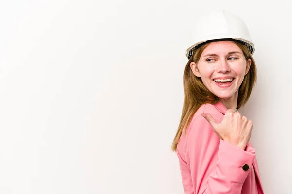 Ung Arkitekt Engelsk Kvinna Med Hjälm Isolerad Vita Bakgrundspunkter Med — Stockfoto