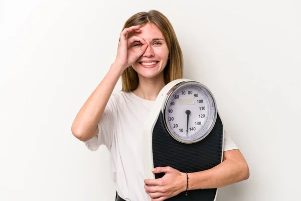 Young English Woman Holding Scale Isolated White Background Excited Keeping — Stock Photo, Image