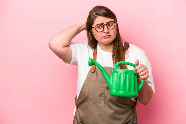 Young Gardener Caucasian Overweight Woman Holding Watering Can Isolated Background — Stockfoto