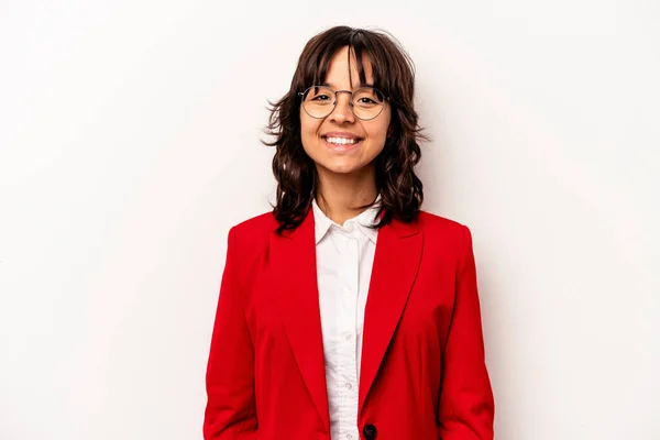 Jovem Mulher Hispânica Negócios Isolado Fundo Branco Feliz Sorridente Alegre — Fotografia de Stock