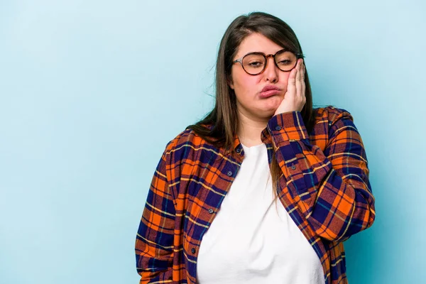 Young Caucasian Overweight Woman Isolated Blue Background Who Feels Sad — Stockfoto