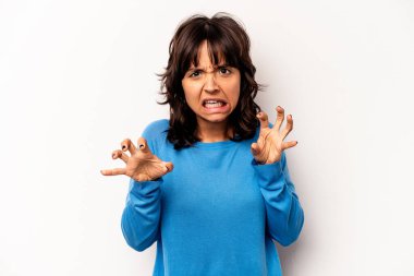 Beyaz arka planda izole edilmiş genç İspanyol kadın gergin elleriyle çığlık atıyor..