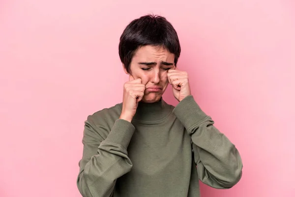 Young Caucasian Woman Isolated Pink Background Whining Crying Disconsolately — Stock Photo, Image