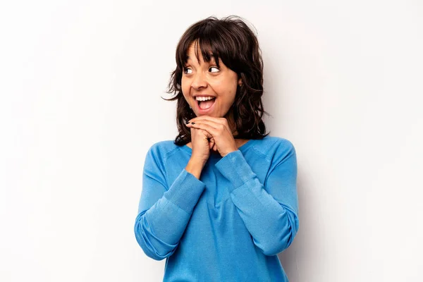 Young Hispanic Woman Isolated White Background Keeps Hands Chin Looking — ストック写真