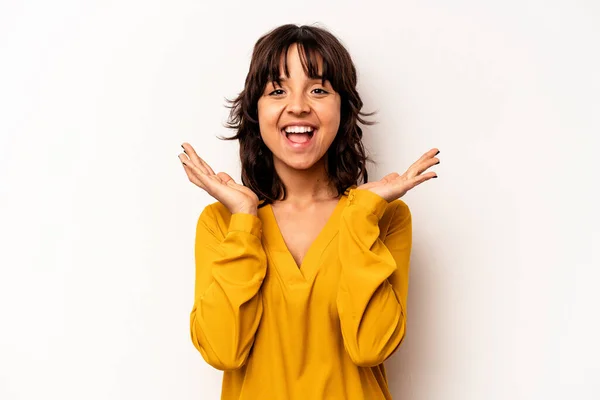 Young Hispanic Woman Isolated White Background Laughs Out Loudly Keeping — стоковое фото