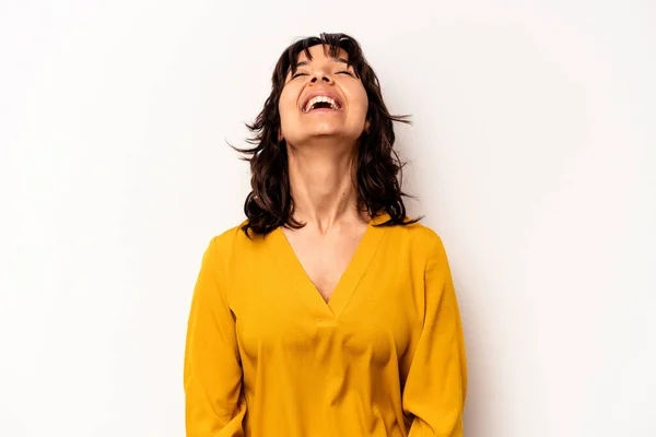 Young Hispanic Woman Isolated White Background Relaxed Happy Laughing Neck — Stockfoto
