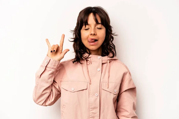 Young Hispanic Woman Isolated White Background Showing Rock Gesture Fingers —  Fotos de Stock