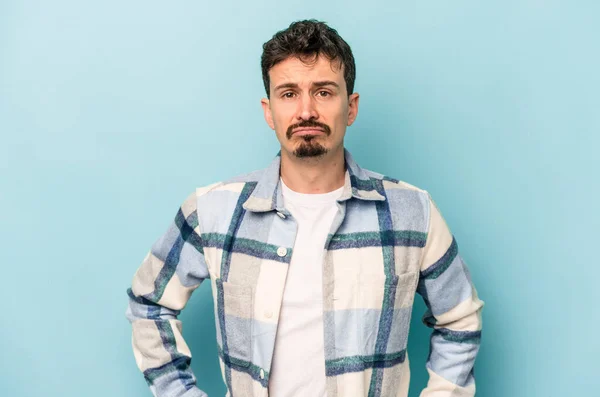 Young Caucasian Man Isolated Blue Background Sad Serious Face Feeling — Stock Photo, Image