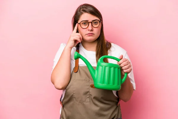 Young Gardener Caucasian Overweight Woman Holding Watering Can Isolated Background — Stockfoto