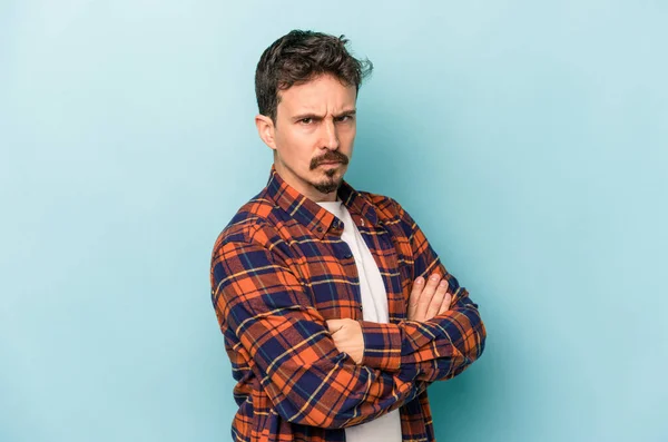 Young Caucasian Man Isolated Blue Background Frowning Face Displeasure Keeps — Stock Photo, Image