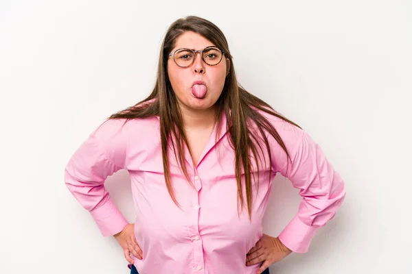 Young Caucasian Overweight Woman Isolated White Background Funny Friendly Sticking — Stockfoto