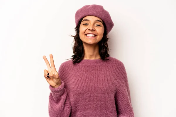 Young Hispanic Woman Isolated White Background Joyful Carefree Showing Peace — Foto de Stock