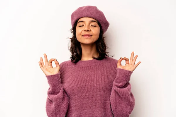 Young Hispanic Woman Isolated White Background Relaxes Hard Working Day — Foto de Stock