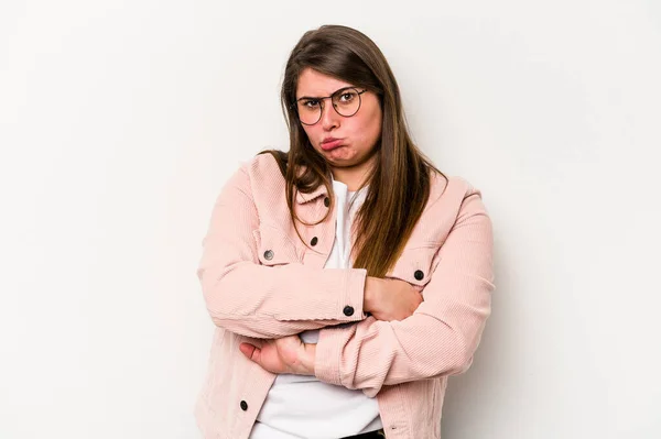 Jong Kaukasisch Overgewicht Vrouw Geïsoleerd Witte Achtergrond Moe Van Een — Stockfoto