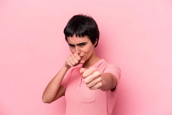 Young Caucasian Woman Isolated Pink Background Throwing Punch Anger Fighting — Stock Photo, Image