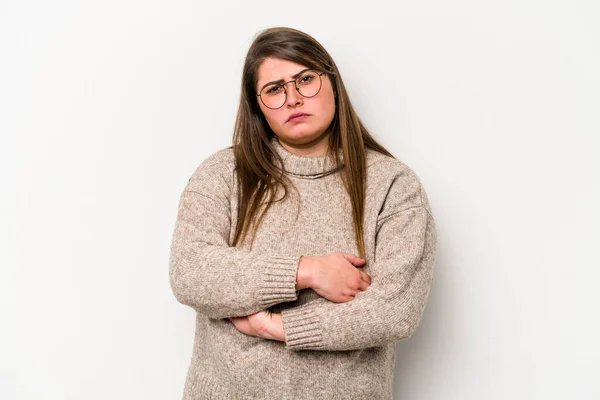 Jong Kaukasisch Overgewicht Vrouw Geïsoleerd Witte Achtergrond Ongelukkig Kijken Camera — Stockfoto