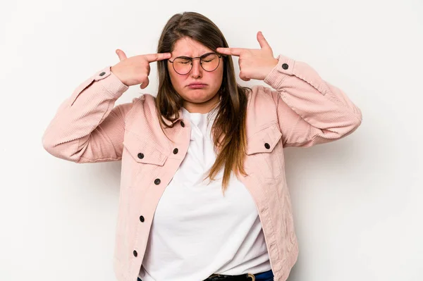 Jonge Blanke Vrouw Met Overgewicht Geïsoleerd Witte Achtergrond Gericht Een — Stockfoto