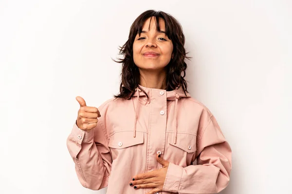 Young Hispanic Woman Isolated White Background Touches Tummy Smiles Gently — Fotografia de Stock