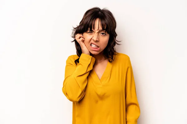 Young Hispanic Woman Isolated White Background Covering Ears Fingers Stressed — 스톡 사진