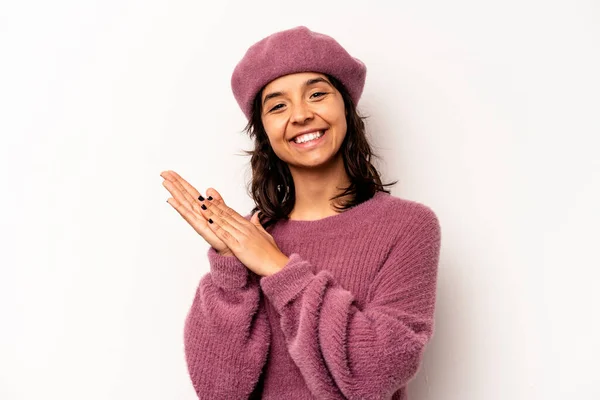 Young Hispanic Woman Isolated White Background Feeling Energetic Comfortable Rubbing — Foto de Stock