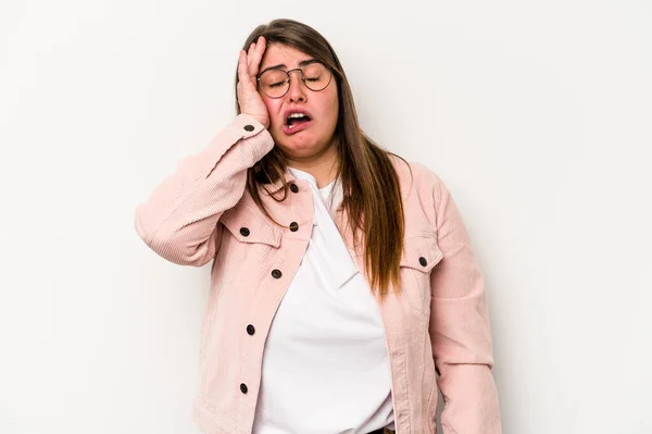 Jonge Kaukasische Overgewicht Vrouw Geïsoleerd Witte Achtergrond Moe Zeer Slaperig — Stockfoto