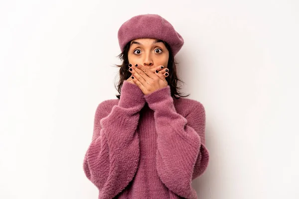 Young Hispanic Woman Isolated White Background Shocked Covering Mouth Hands — Foto de Stock