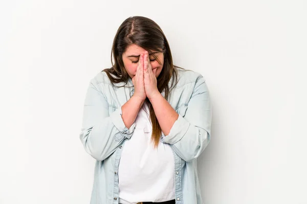 Mladá Žena Nadváhou Izolovaná Bílém Pozadí Modlící Projevující Oddanost Věřící — Stock fotografie