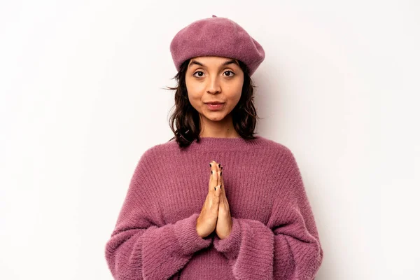 Young Hispanic Woman Isolated White Background Praying Showing Devotion Religious — Foto de Stock