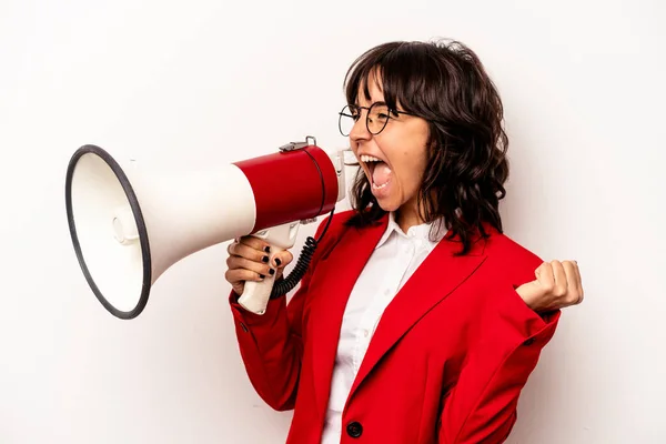 Jong Business Hispanic Vrouw Met Een Megafoon Geïsoleerd Witte Achtergrond — Stockfoto