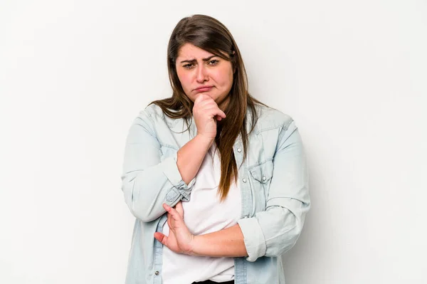 Jonge Blanke Vrouw Met Overgewicht Geïsoleerd Witte Achtergrond Denken Omhoog — Stockfoto