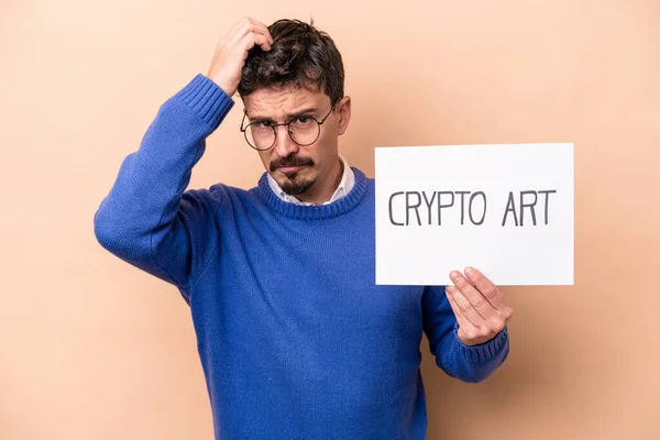 Young Caucasian Man Holding Crypto Art Placard Isolated Beige Background — Stock Photo, Image