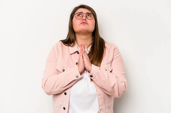 Jonge Blanke Vrouw Met Overgewicht Geïsoleerd Witte Achtergrond Hand Hand — Stockfoto