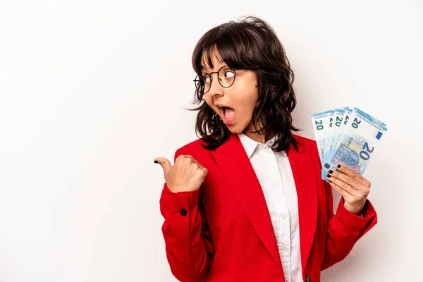 Young Business Hispanic Woman Holding Banknotes Isolated White Background Points — Stock Photo, Image