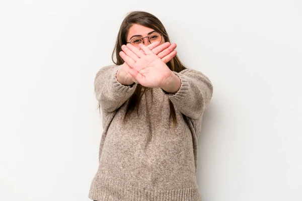 Young Caucasian Overweight Woman Isolated White Background Doing Denial Gesture — Stock Photo, Image