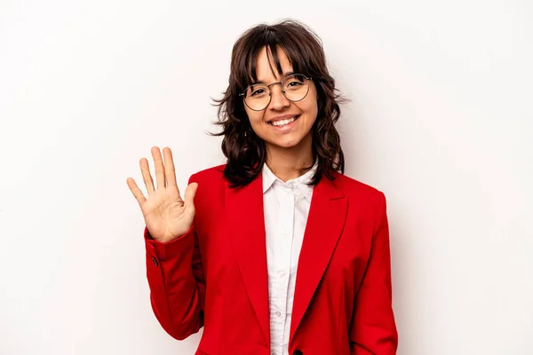 Mujer Hispana Joven Negocios Aislada Sobre Fondo Blanco Sonriente Alegre — Foto de Stock