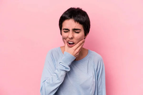 Jonge Blanke Vrouw Geïsoleerd Roze Achtergrond Met Een Sterke Tanden — Stockfoto